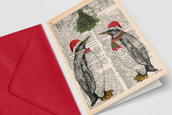 Penguins-under-the-mistletoes-Merry-Christmas-wishes-greeting-card-Design-by-Natura-Picta-NPGC073-pic1